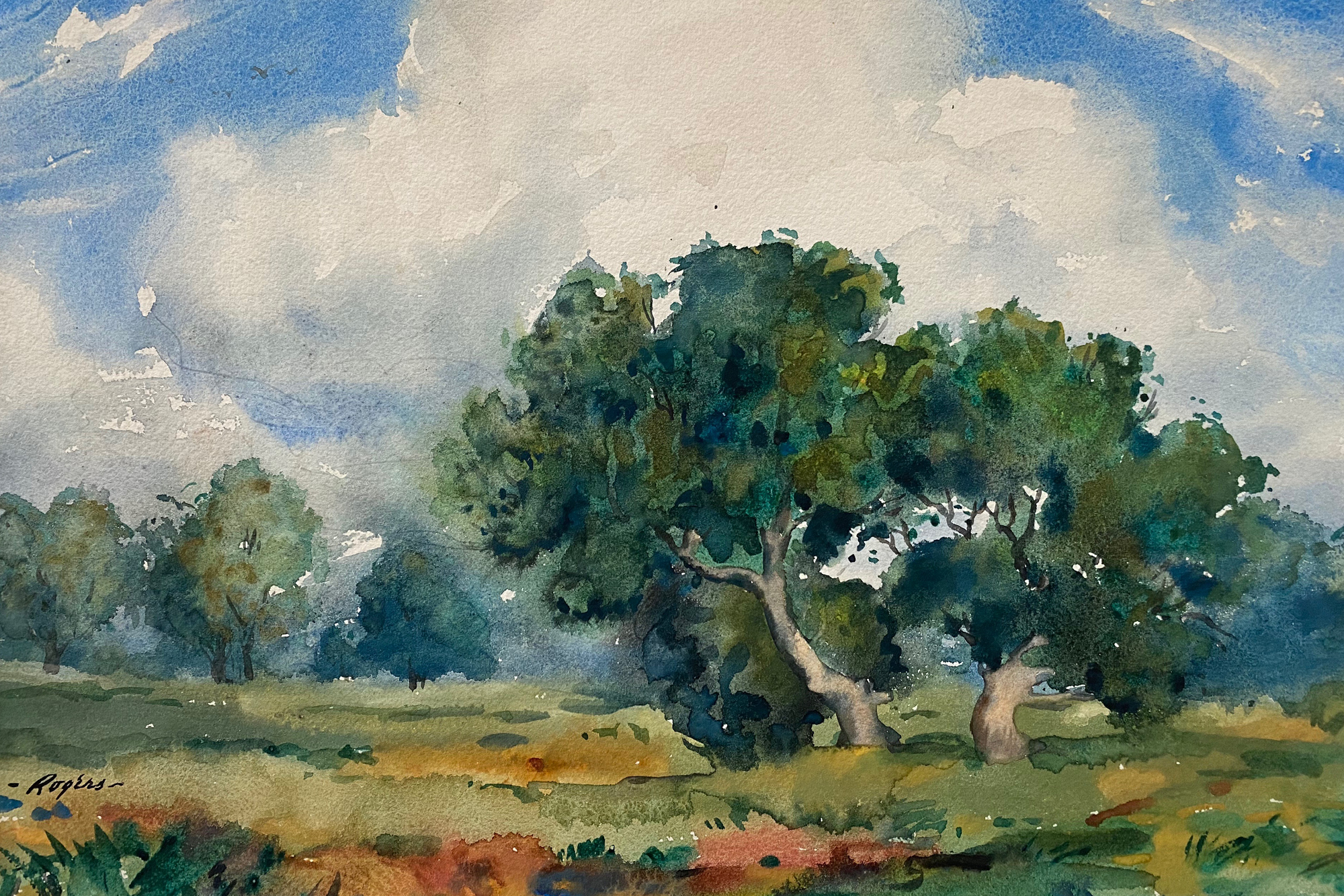 A photo of a painting of trees and clouds.