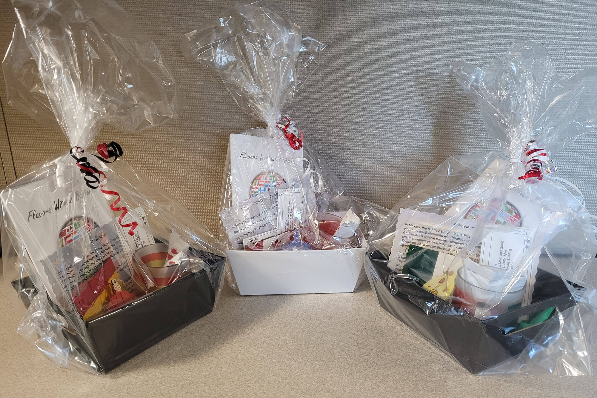 Photo of gift baskets for sale by CC international students.