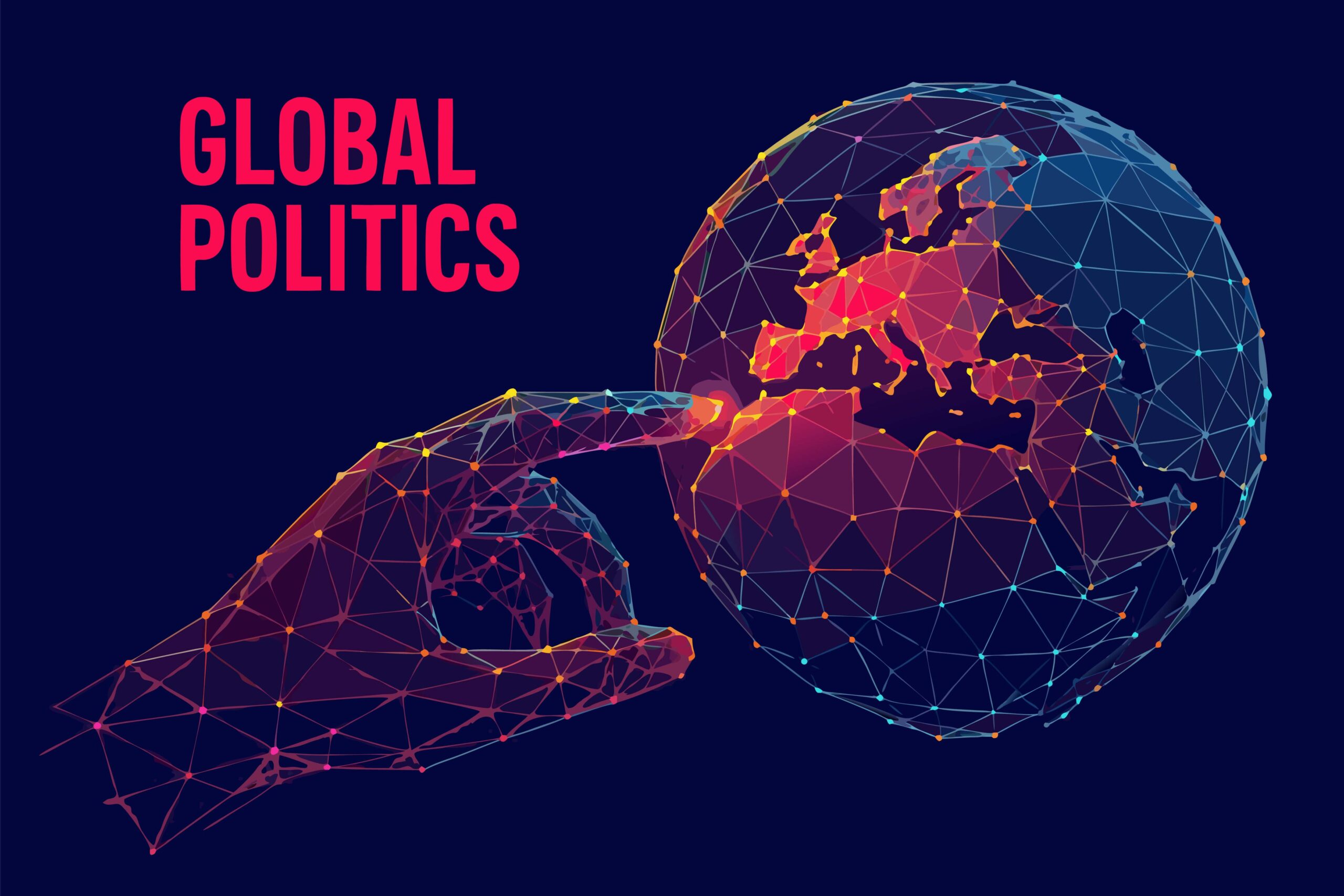 Abstract interconnected globe illustration with 'Global Politics' text, representing global academic study