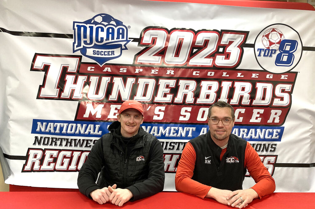 Photo of Conner Schmidt and Ben McArthur for soccer coach of the year press release.