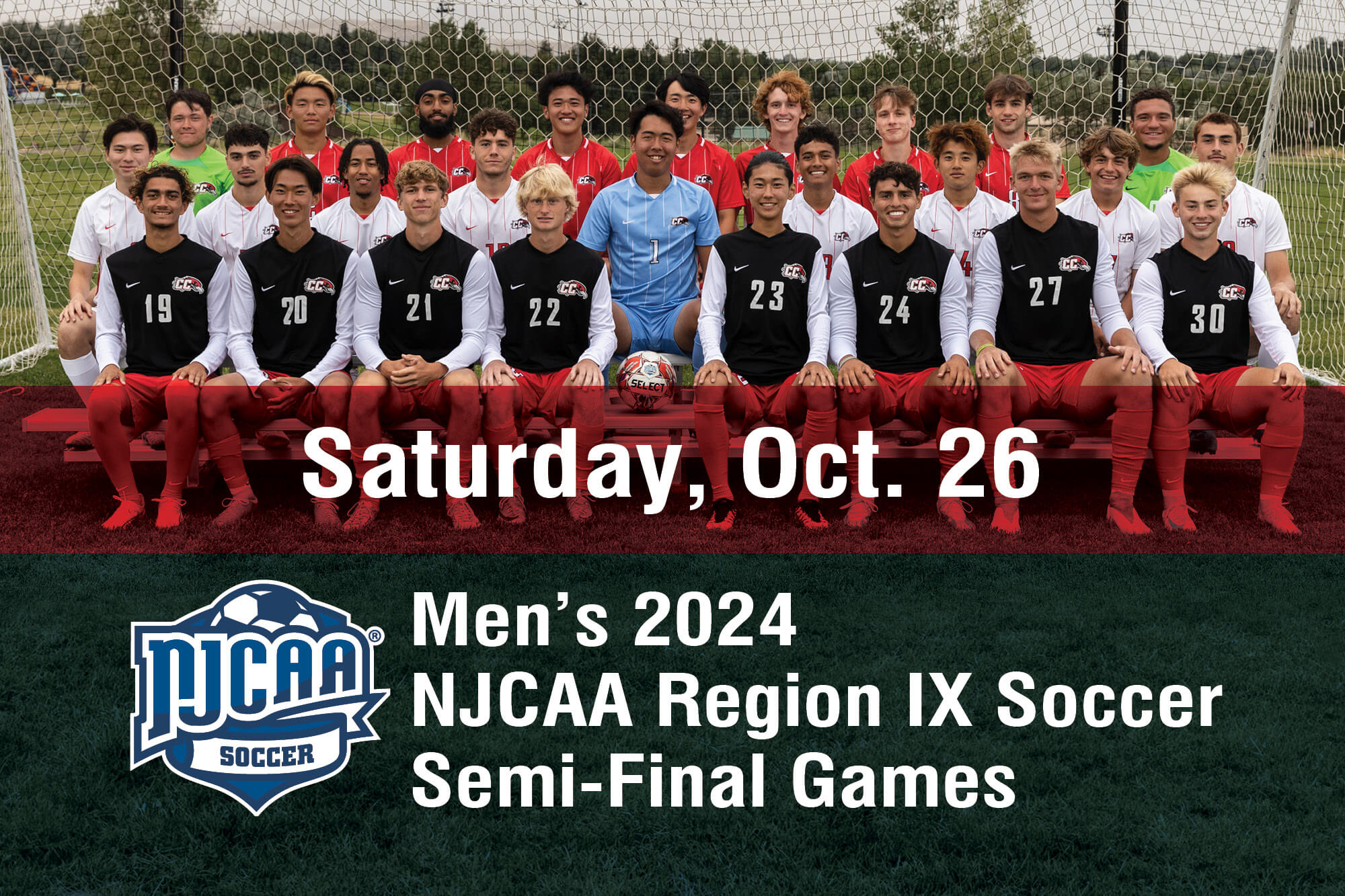 Photo of men's 2024-2025 soccer team for Region 9 semifinal press release.