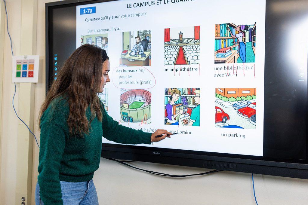 A photo of French Fulbright scholar Capucine Cesmat teaching a French class at Casper College.