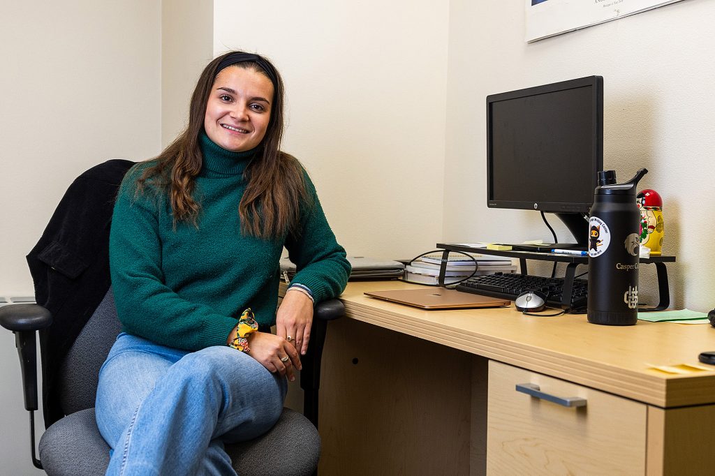 A photo of French Fulbright scholar Capucine Cesmat in her office at Casper College.