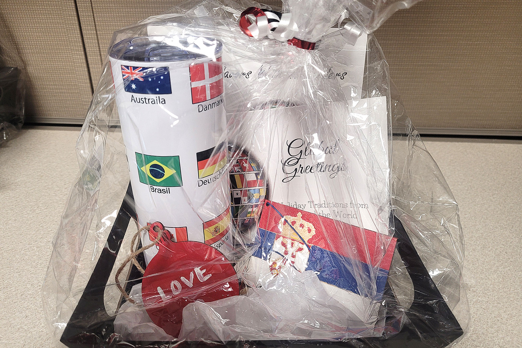 Photo of a gift basket from the CC International Students' Club for a press release.