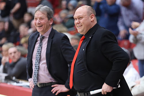 Photo of Thunderbird's Women's Basketball team Head Coach Dwight Gunnare, left, and Assistant Coach Nate Macy.