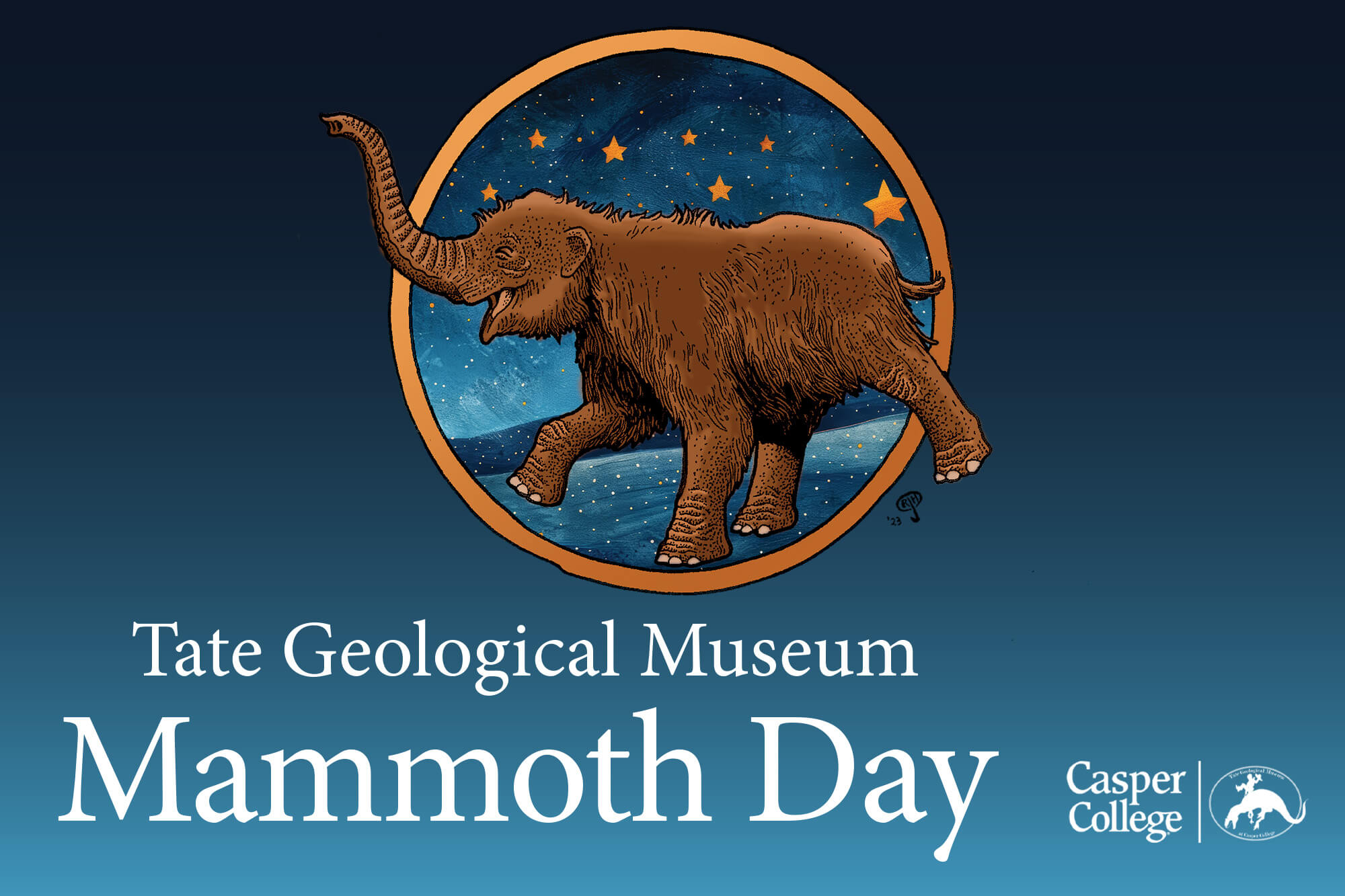 Drawing of baby mammoth with stars in the sky for "Tate Mammoth Day" press release.