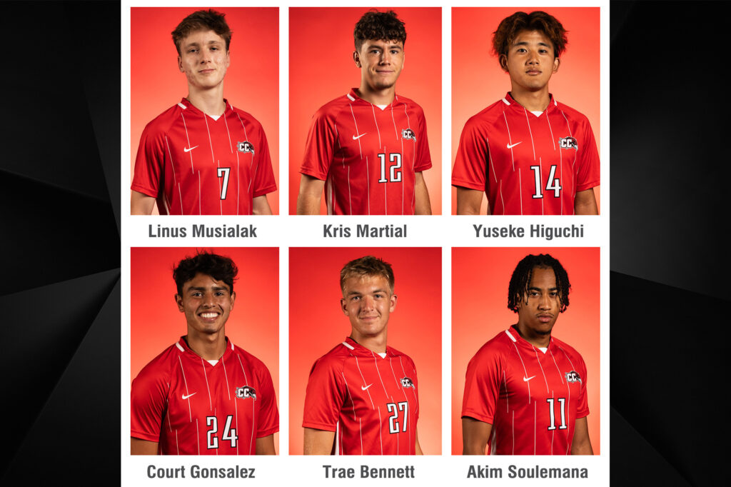 Photo of six CC Men's Soccer team players for press release.