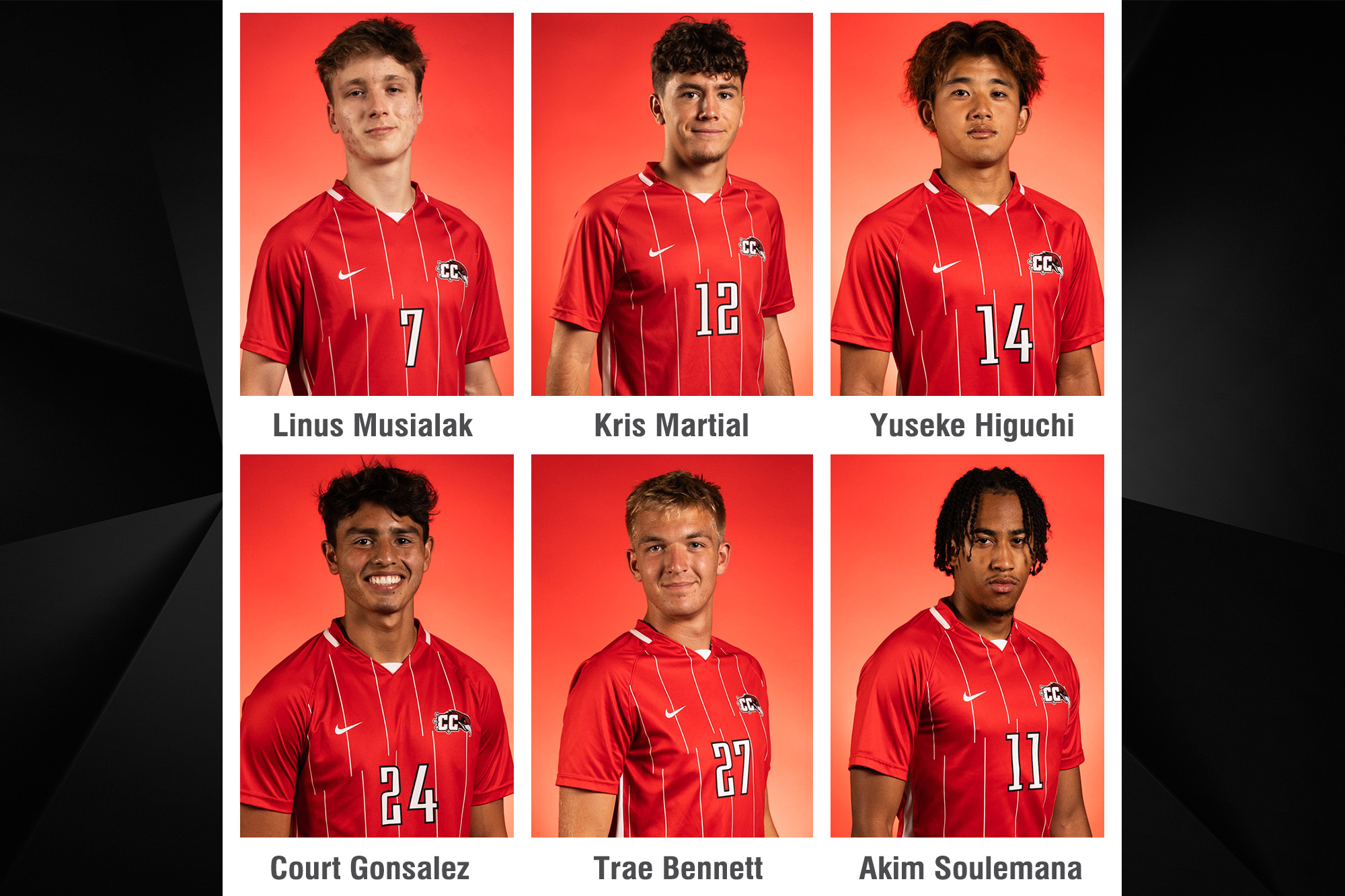 Photo of six CC Men's Soccer team players for press release.