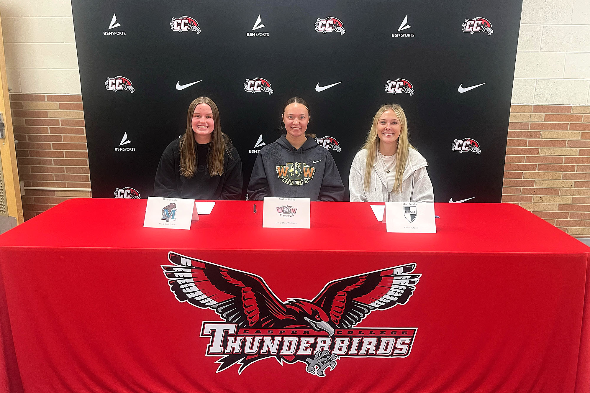 Three 2024-2025 Casper College soccer players sign their letters of intent. From left to right, Brittney Egbert, Kaylinn Gallup, Macy Sickler.