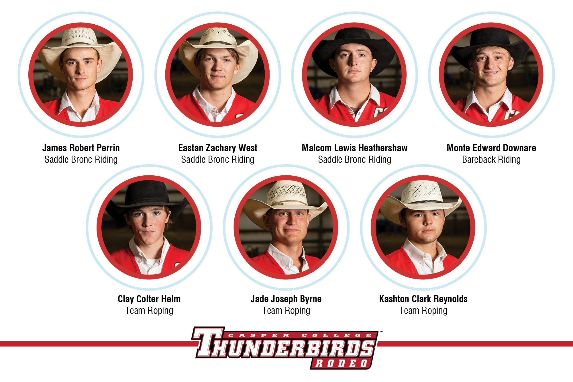 Photo image of seven Casper College cowboys heading to the 2025 CNFR press release.
