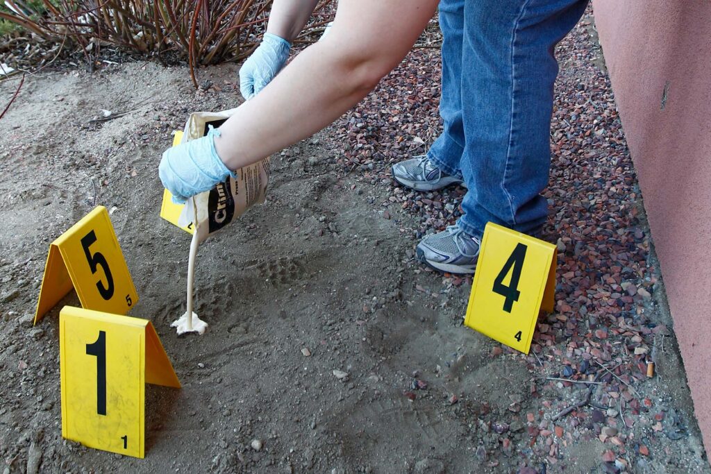 Forensic science students create a cast of a footwear impression as part of evidence collection training.