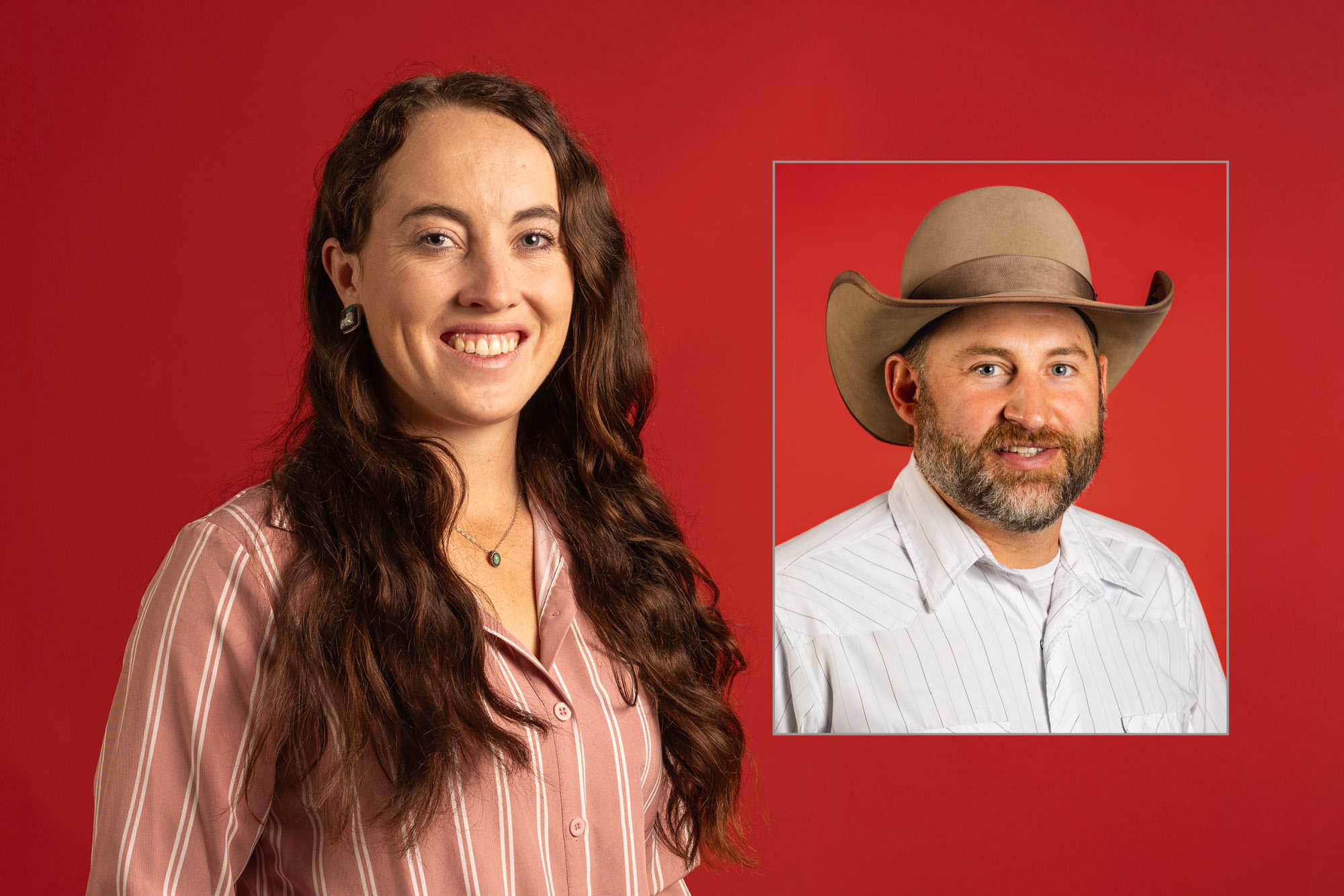 Large photo of Faith Anders, CC head rodeo coach and inset photo of part-time assistant coach Kris Newman.
