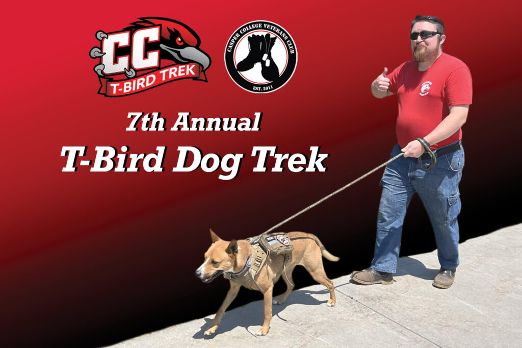 Image for 7th Annual Casper College Dog Trek featuring a man walking his dog against a red wall.