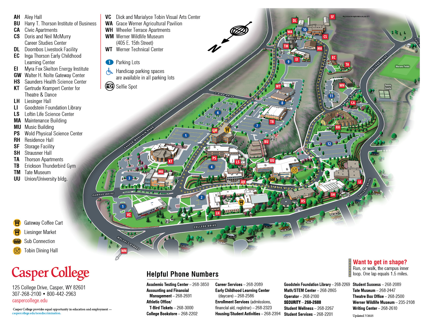 Illustrated campus map of Casper College in Casper, Wyoming, highlighting key academic, residential, and student life buildings. Buildings are labeled with acronyms, such as AH (Aley Hall), BU (Thorson Institute of Business), GW (Nolte Gateway Center), KT (Krampert Theater), and RH (Residence Hall). The map includes parking lots, handicap-accessible spaces, walking paths, food locations (Gateway Coffee Cart, Liesinger Market, Sub Connection, and Tobin Dining Hall), and campus phone numbers for services like Admissions, Security, Wellness, and the Library. The map also identifies a 1.5-mile campus walking loop for exercise. A legend and compass rose help with orientation. Color-coded icons and numbers mark parking lots and key locations across campus.
