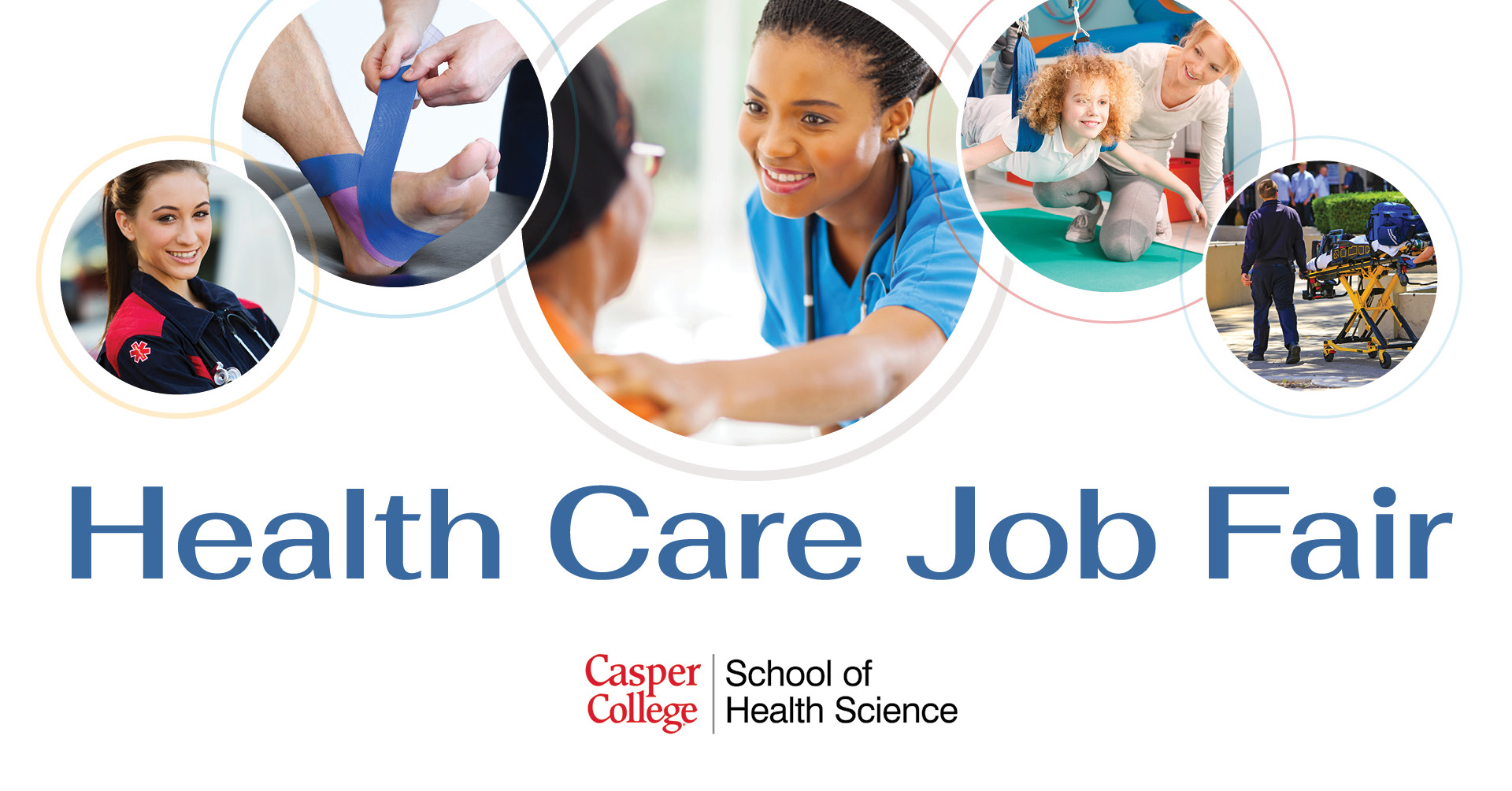Photos of health care workers and the words "Health Care Job Fair" for the press release on the same topic.