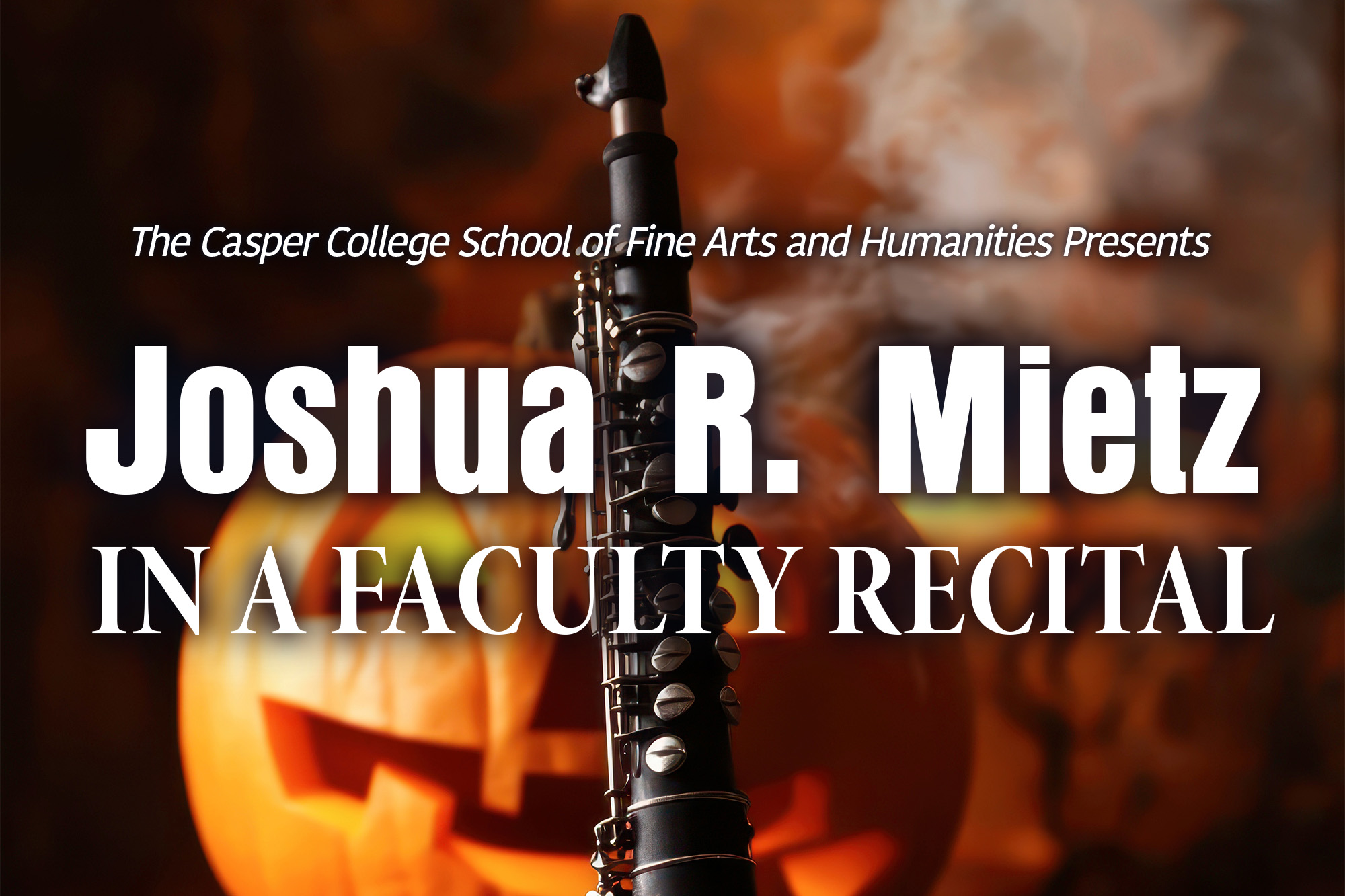 Image of a clarinet with a carved pumpkin in the background for a press release on a faculty recital.