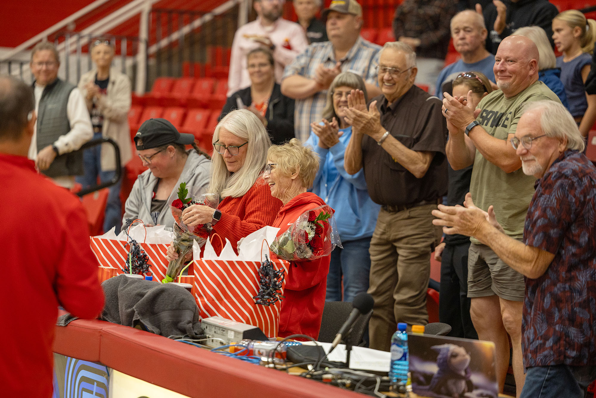 DeAnn Russell, left, and Patsy O’Hearn are recognized for 25 years of service on the scorer's table for the Casper College Volleyball team.