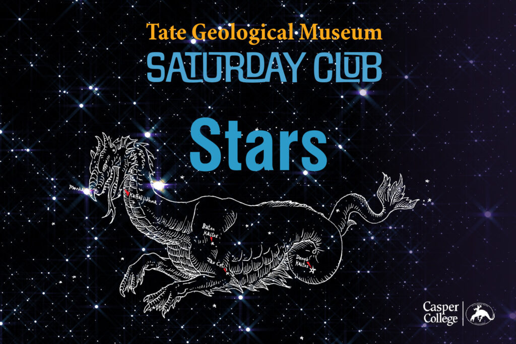 Image of the night sky with a dragon drawn in and the words "Tate Geological Museum Saturday Club Stars."