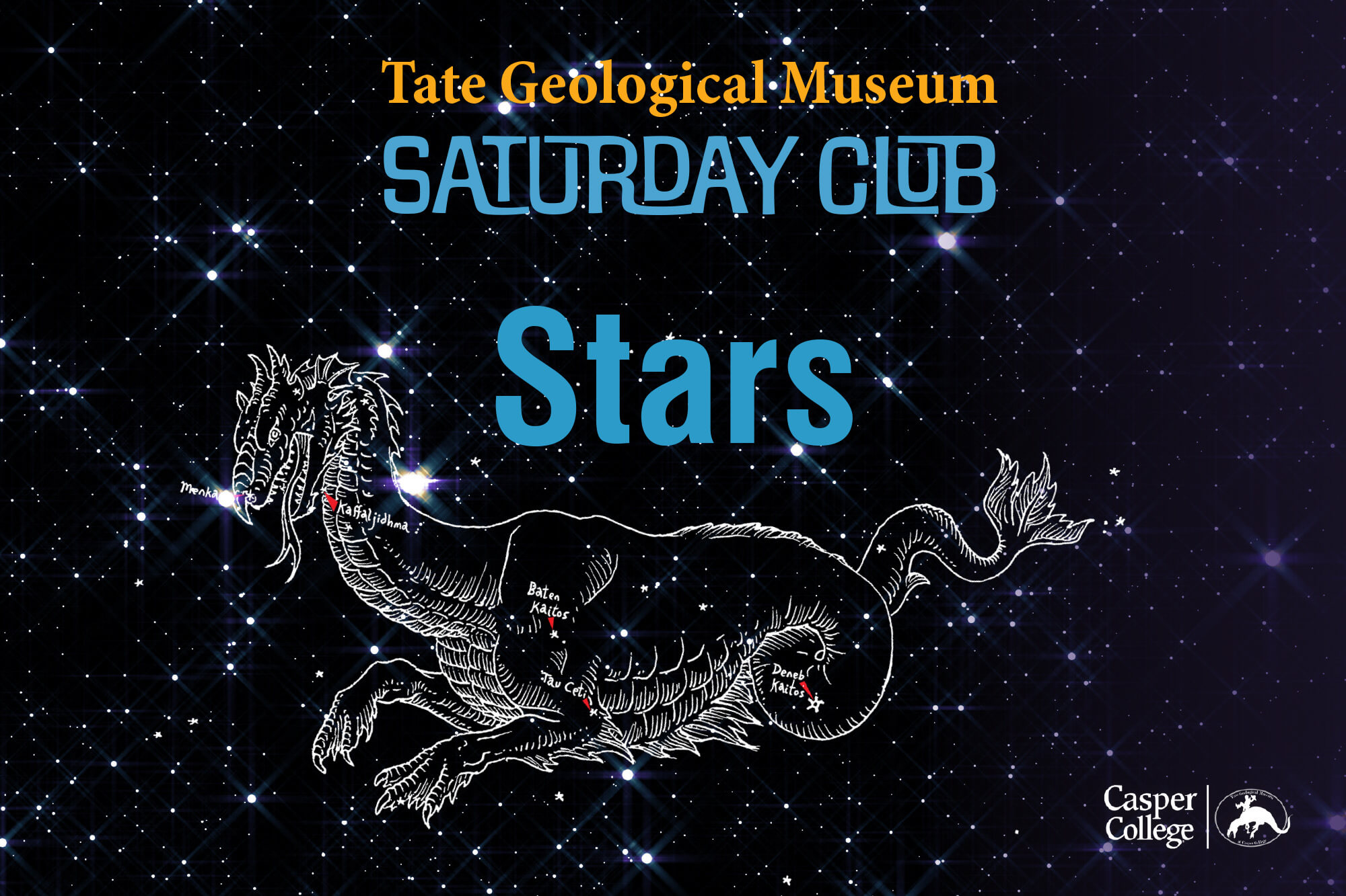 Image of the night sky with a dragon drawn in and the words "Tate Geological Museum Saturday Club Stars."