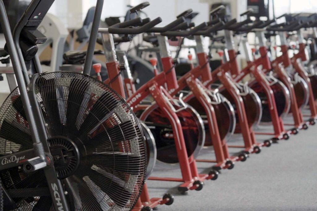 Stationary bikes in a row ready for apersonal trainer.
