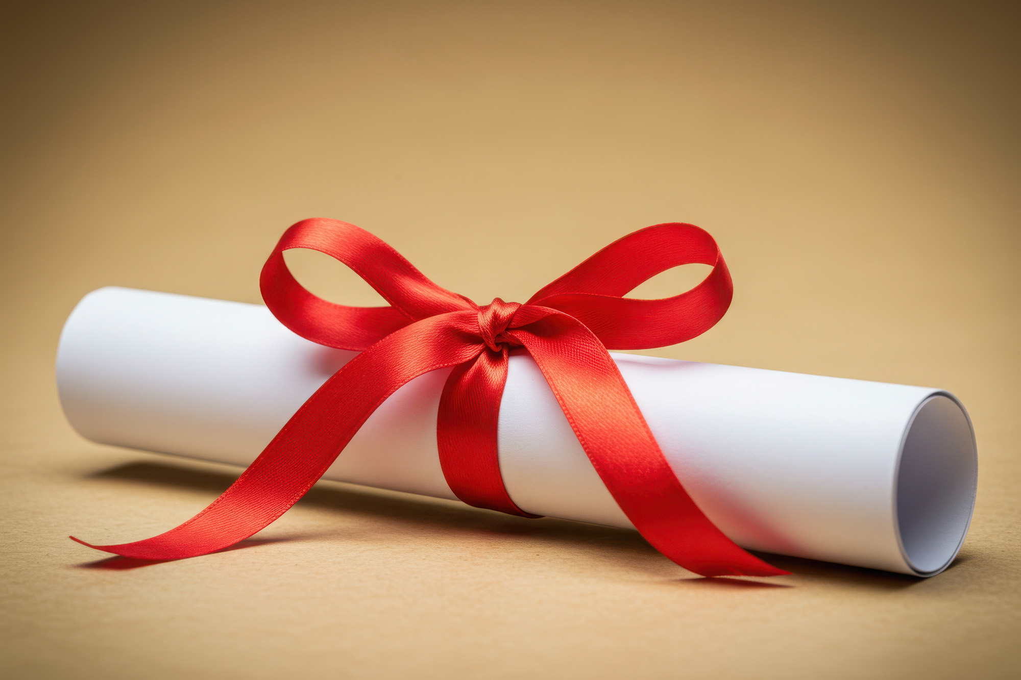 A white diploma scroll with a red ribbon, symbolizing the academic success of students on the Fall 2025 Dean's Honor Roll.
