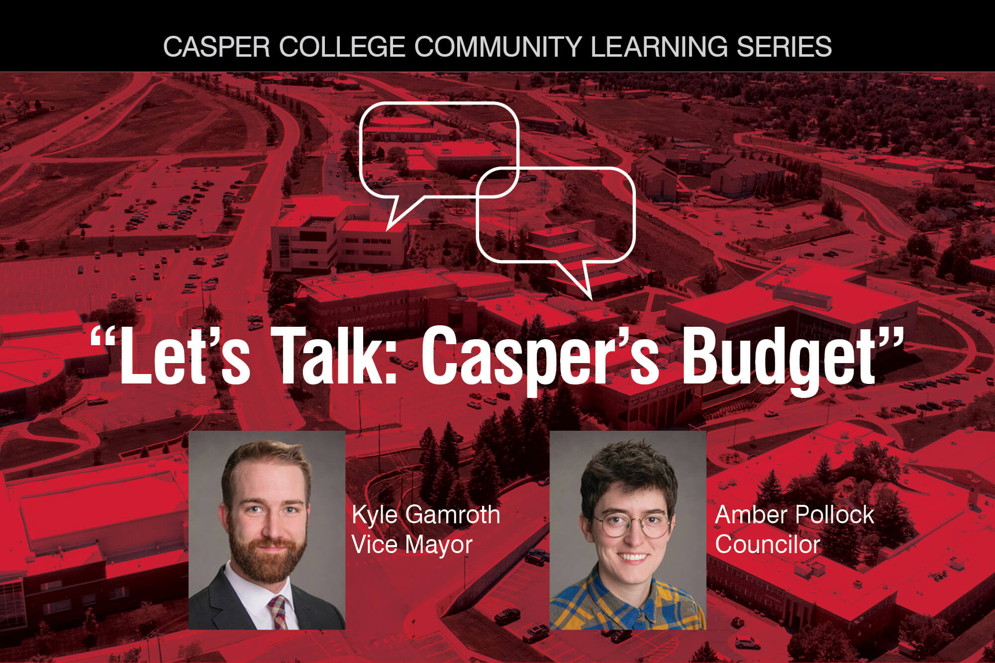 Promotional graphic for Casper College Community Learning Series titled "Let's Talk: Casper's Budget" featuring headshots of Vice Mayor Kyle Gamroth and Councilor Amber Pollock.