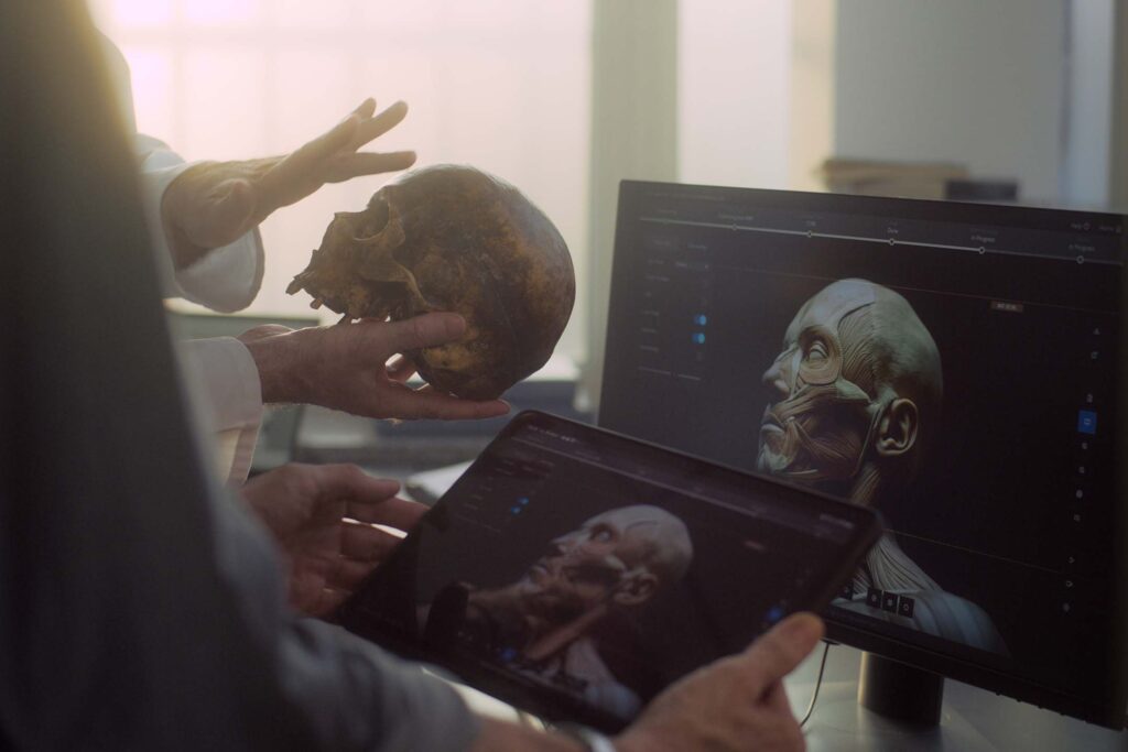 Students examining a digital skull image on a laptop in a dim classroom for an anthropology class.