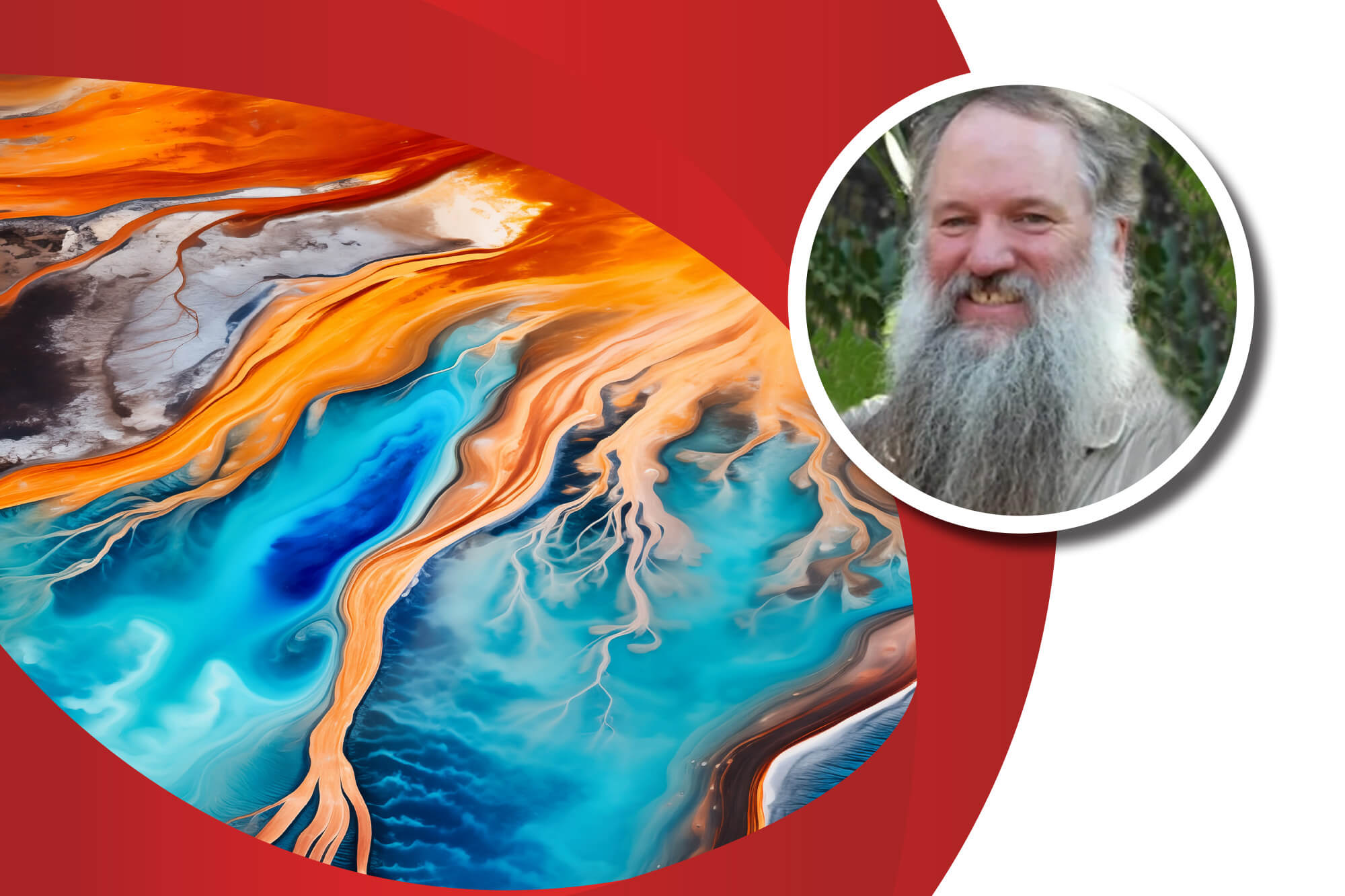 A portrait of Kent Sundell beside a colorful abstract graphic of flowing orange and blue geological formations.