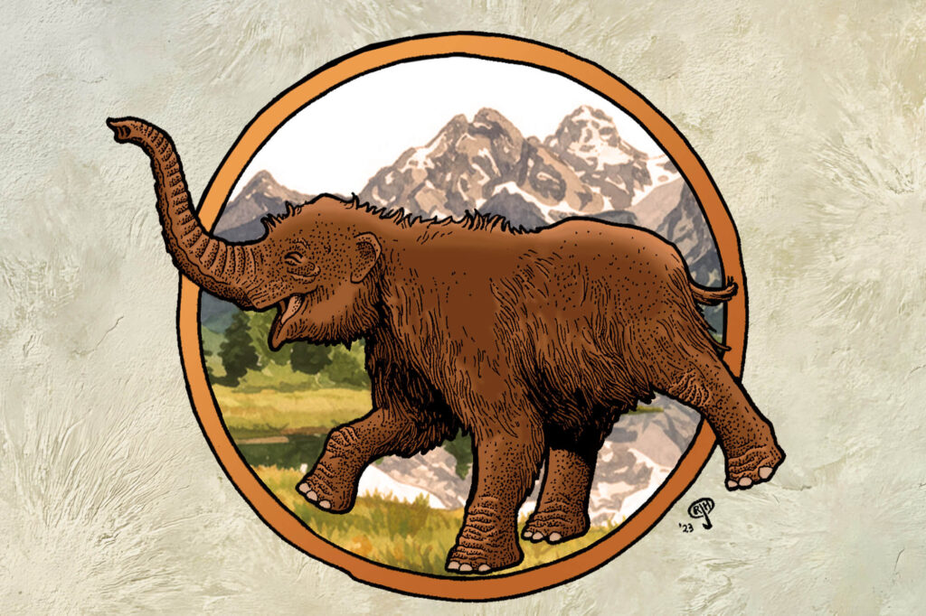 An illustration of a brown woolly mammoth walking in a grassy field with snow-capped mountains in the background, enclosed in a circular orange frame.