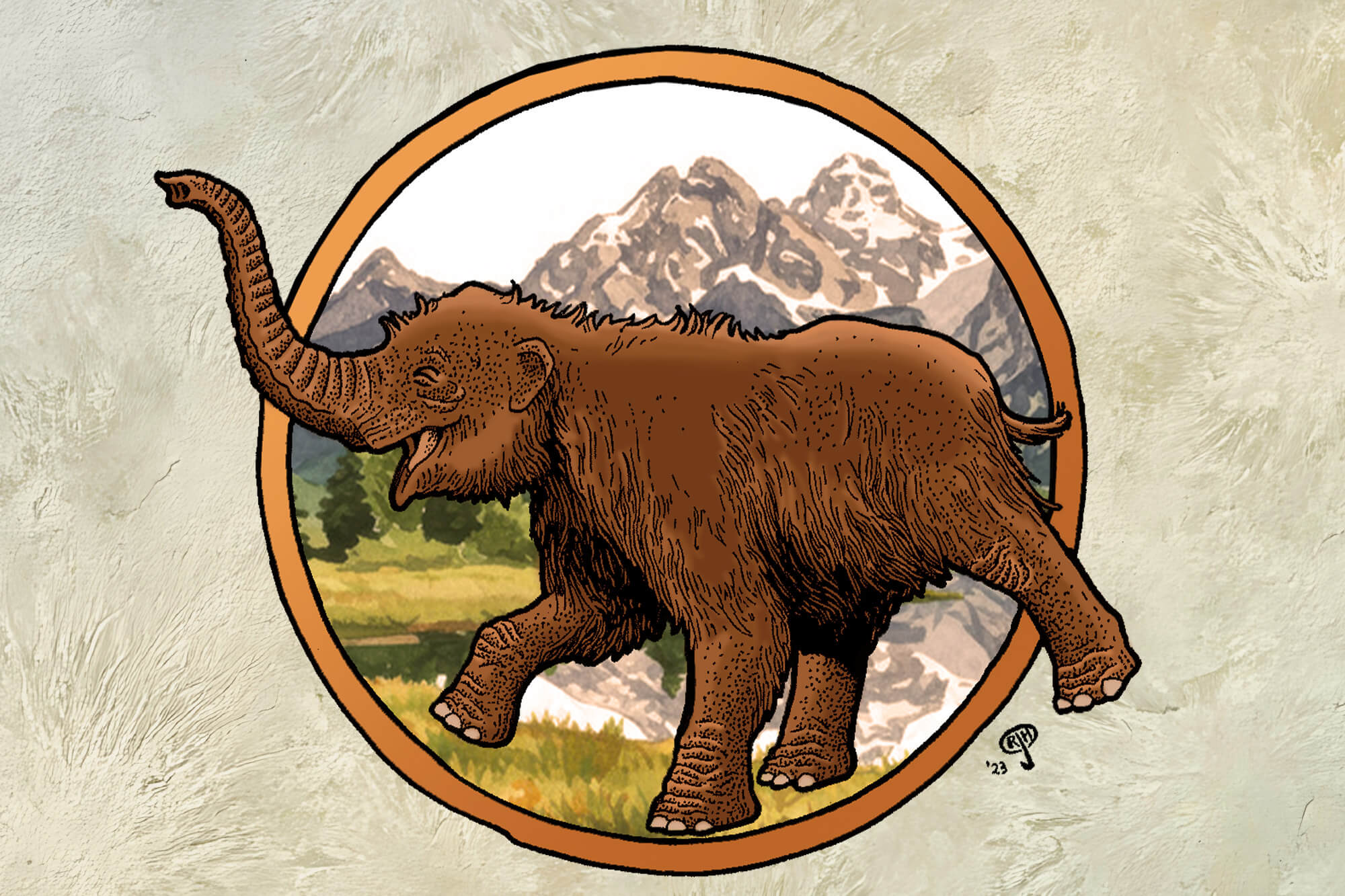 An illustration of a brown woolly mammoth walking in a grassy field with snow-capped mountains in the background, enclosed in a circular orange frame.