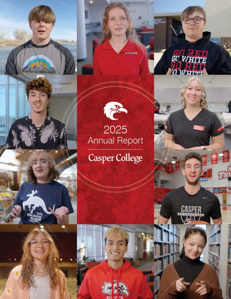 Collage-style cover for Casper College’s 2025 Annual Report featuring photos of students in campus settings surrounding a red center panel with the college eagle logo and the title “2025 Annual Report Casper College.