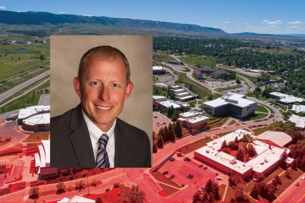 Composite image featuring a headshot of Casper College President Brandon Kosine overlaid on an aerial view of the Casper College campus with a red-tinted foreground.