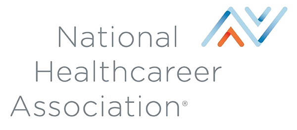 National Healthcareer Association logo with the organization name in gray text and a blue-and-orange abstract symbol in the upper right.