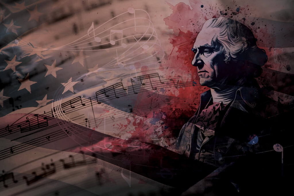 Graphic featuring a profile of Thomas Jefferson, an American flag, and sheet music for the Music of the Masters patriotic concert.