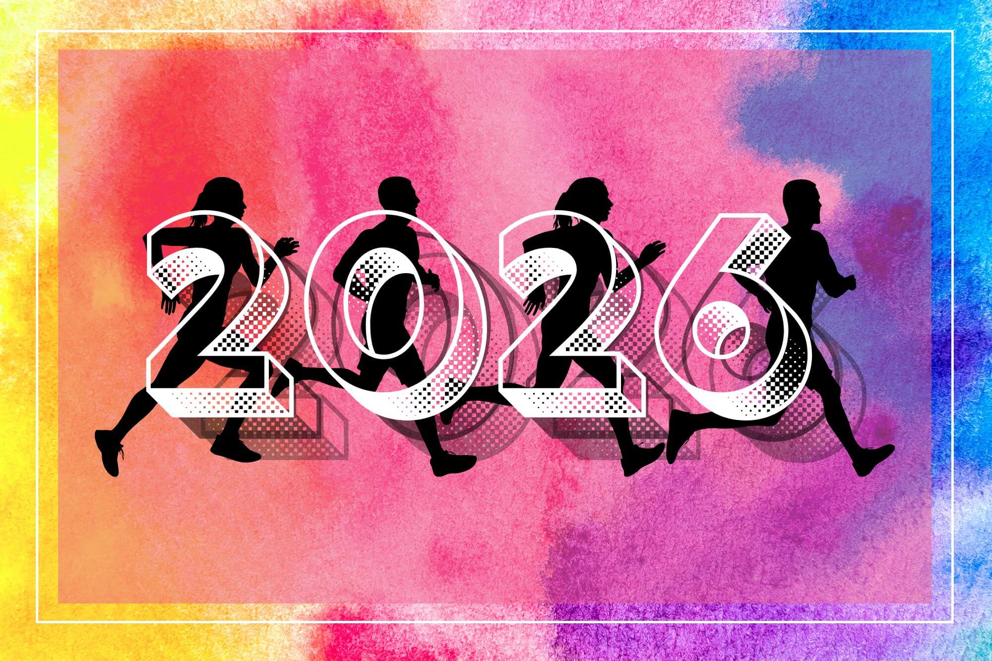 Silhouette of four runners against a vibrant pink, blue, and yellow watercolor background with the year 2026.