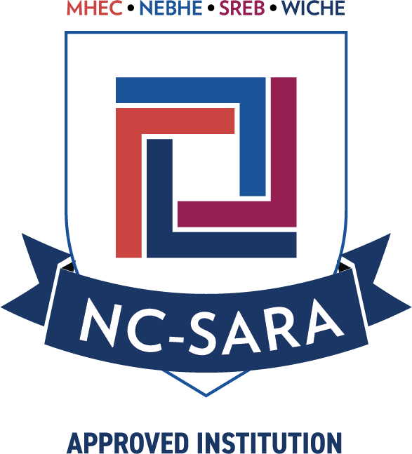 NC-SARA approved institution seal featuring a shield-style emblem with red, blue, and magenta geometric shapes. The top reads “MHEC • NEBHE • SREB • WICHE,” a blue ribbon across the center reads “NC-SARA,” and the bottom text reads “Approved Institution.”