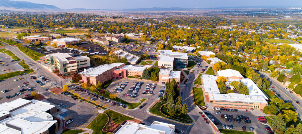 Aerial drone view of the Casper College campus during a sunny summer day in Casper, Wyoming.