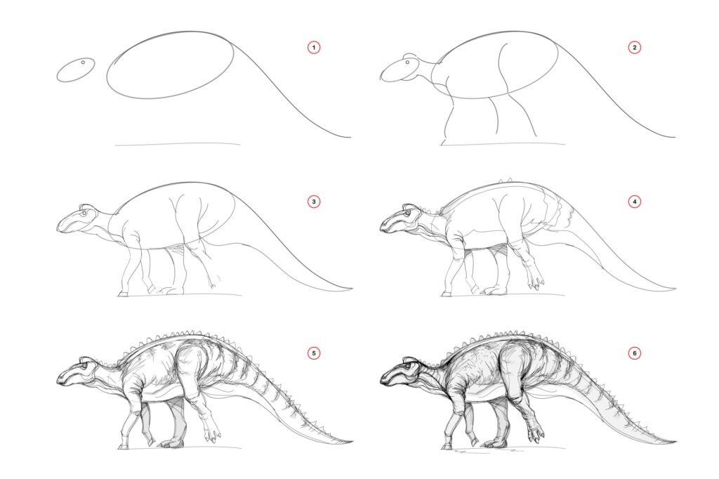 A six-step drawing tutorial showing the progression of an Edmontosaurus from basic ovals to a detailed, shaded illustration.