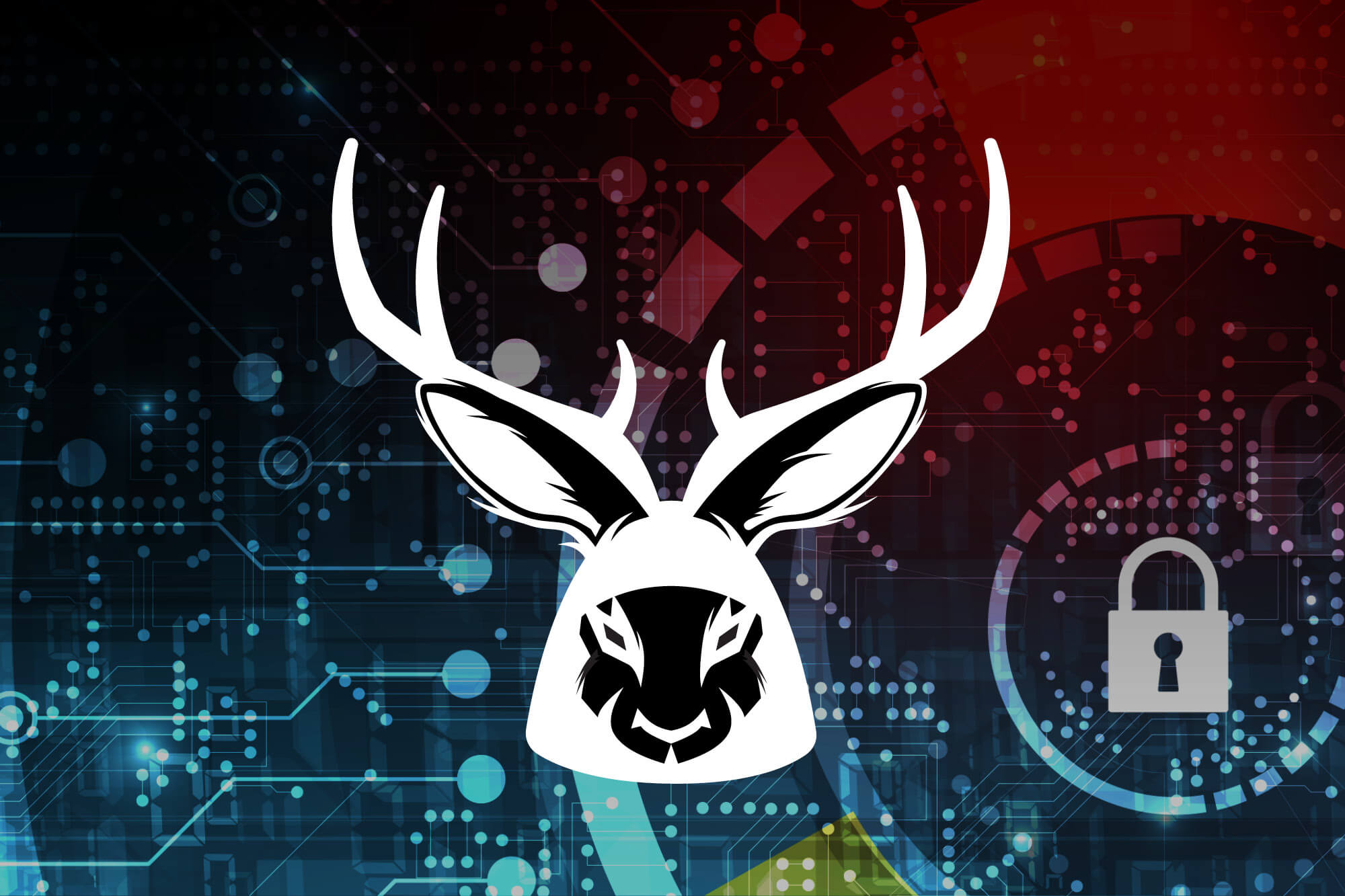 A white and black stylized graphic of a jackalope head centered over a dark digital background featuring glowing circuit board patterns, abstract tech elements, and a security padlock icon.