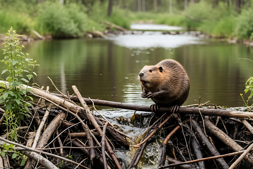 A brown beaver with whiskers sitting on a log by a calm river with a lush green forest background to illustrate the June 2026 Animal House.
