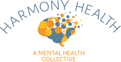 Harmony Health logo featuring a stylized brain made of colorful circles with the text "A Mental Health Collective."