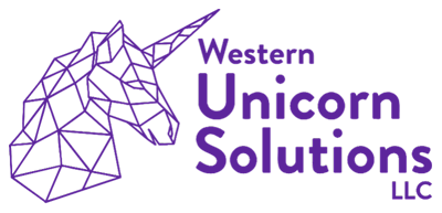 Western Unicorn Solutions LLC logo featuring a geometric purple unicorn head beside the company name on a black background.