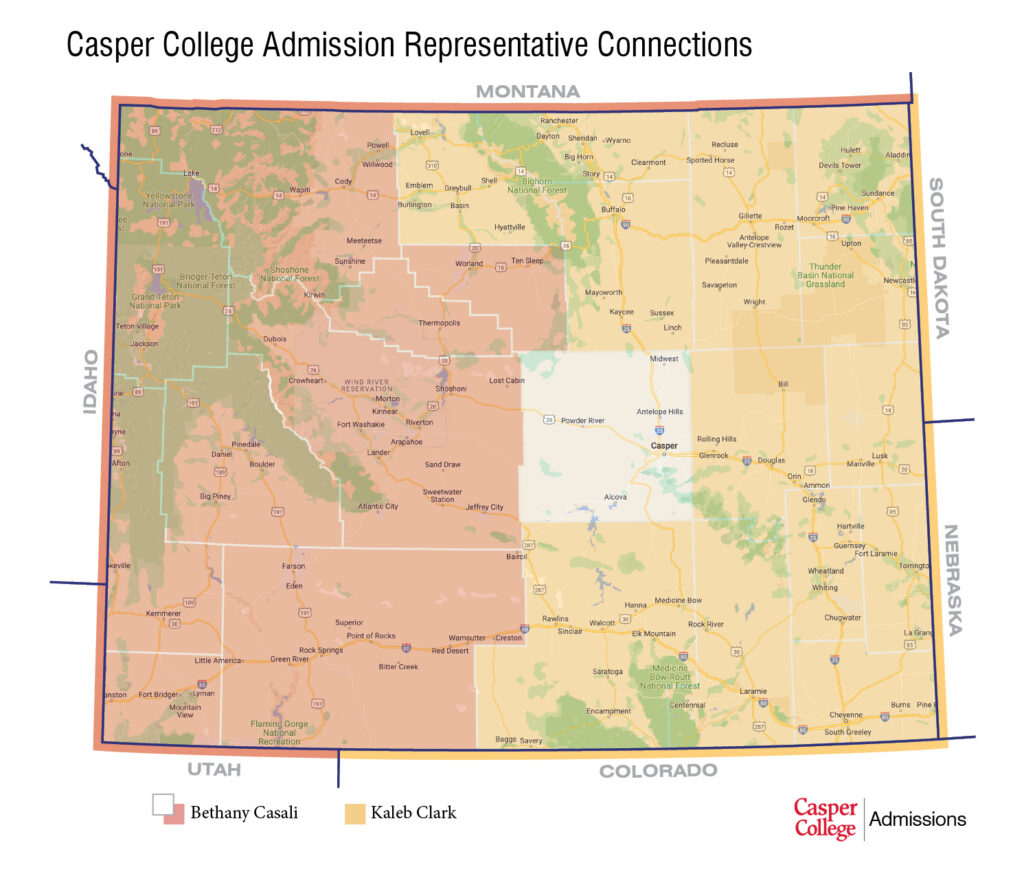 Map titled “Casper College Admission Representative Connections” showing admissions representative territories across Wyoming. The map is divided into three color-coded regions: Bethany Casali in pink covering much of western and southwestern Wyoming, Kaleb Clark in yellow covering much of eastern and southeastern Wyoming, and Laurel Despain in white covering a central Wyoming region around Casper and nearby counties. State borders for Montana, South Dakota, Nebraska, Colorado, Utah, and Idaho are labeled around Wyoming. A legend at the bottom identifies each representative by color, and the Casper College Admissions logo appears in the lower-right corner.