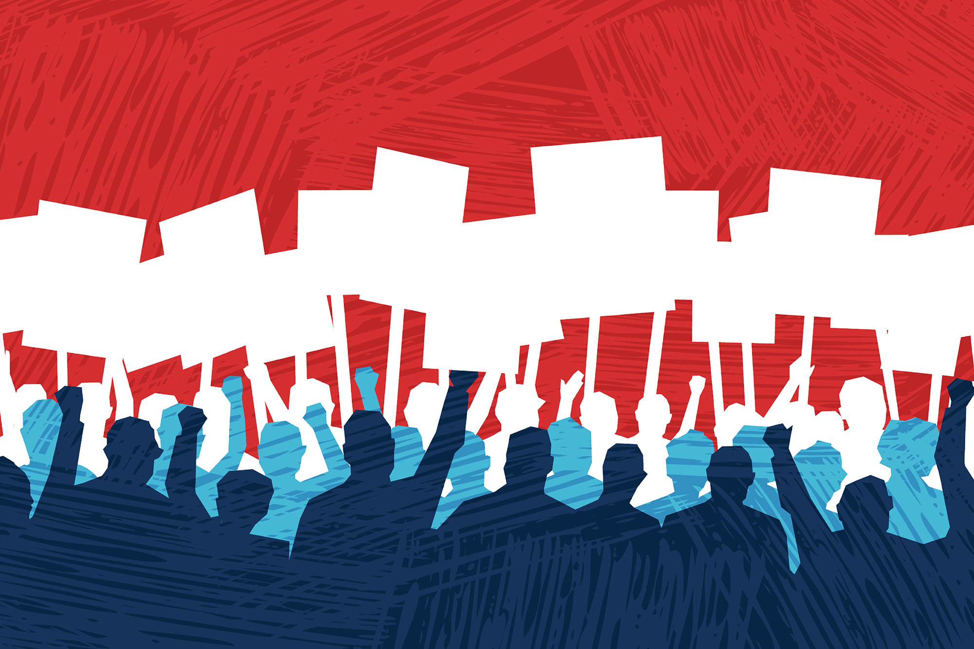 Abstract silhouettes of a crowd in red and blue for the Casper College Constitution Day seminar.