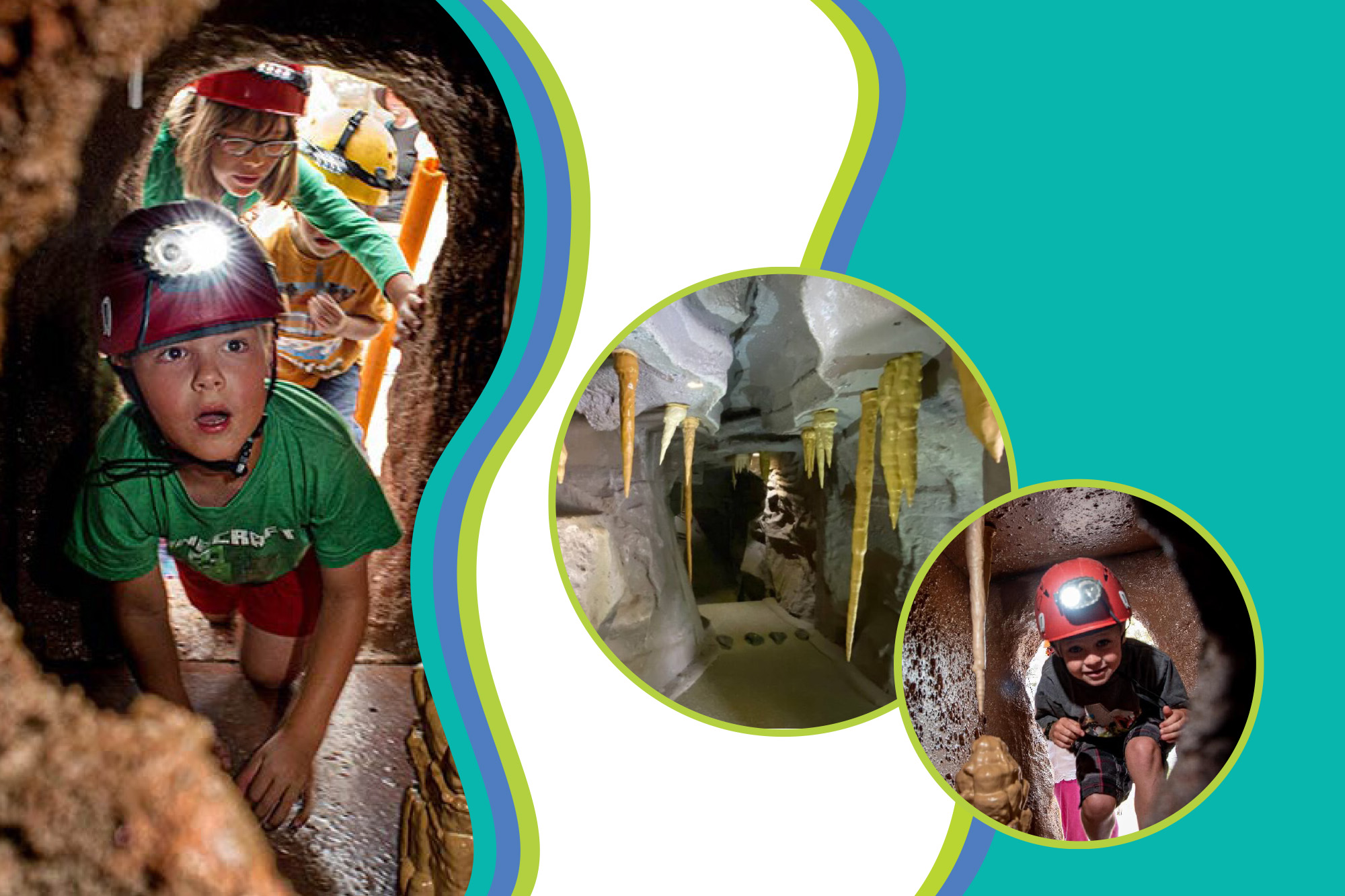 Children wearing helmets and safety gear participating in a caving simulation event.