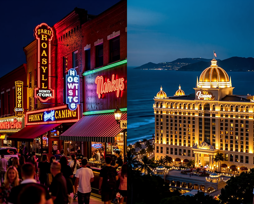 Split image showing Nashville neon signs and the French Riviera coast for Nashville and French Riviera Trips presentation.