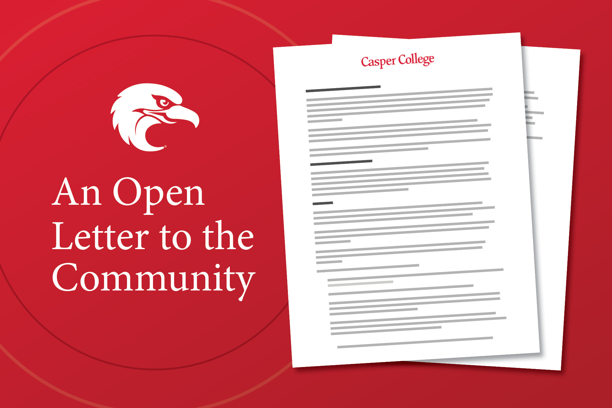 Casper College Board of Trustees open letter graphic with eagle logo on a red background.