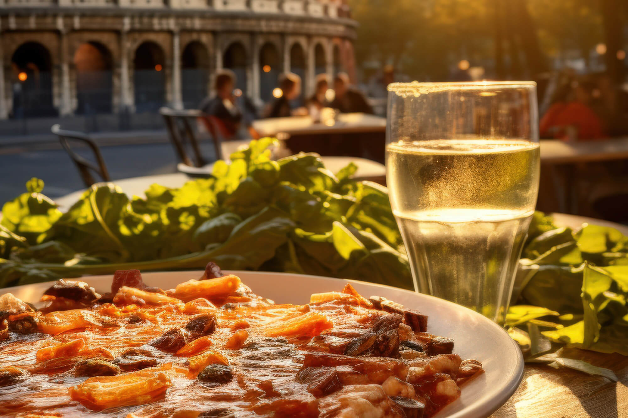 Outdoor Italian cafe table setting highlighting Italian culture and heritage cuisine with pizza and wine.
