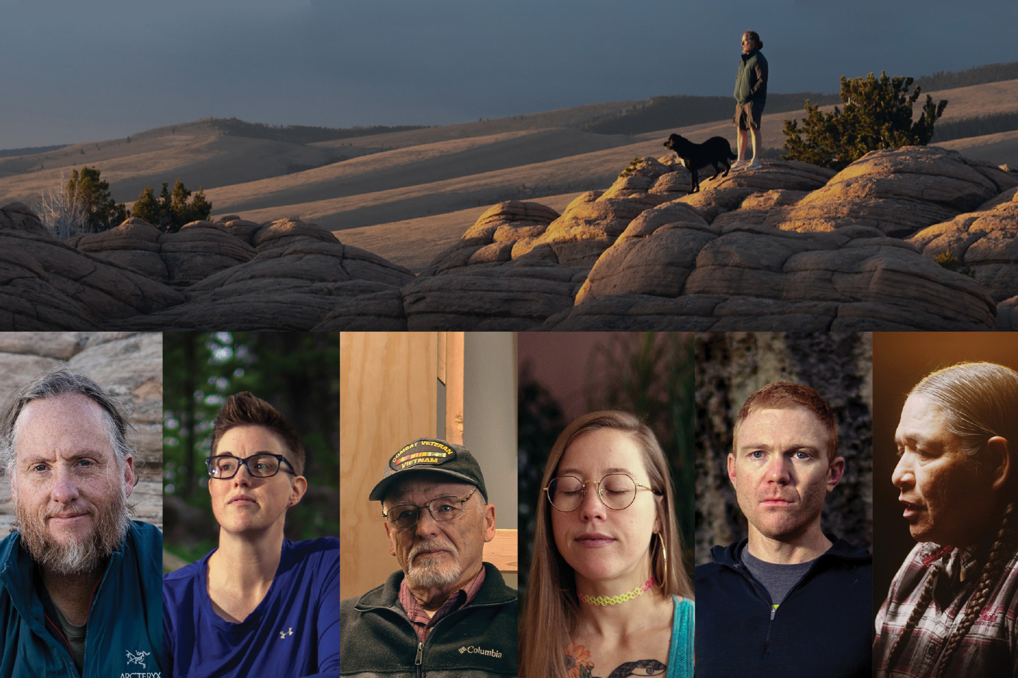 A composite image showing a veteran and dog on a desert ridge above six portrait photographs of Wyoming veterans featured in the documentary Crossing the Threshold.