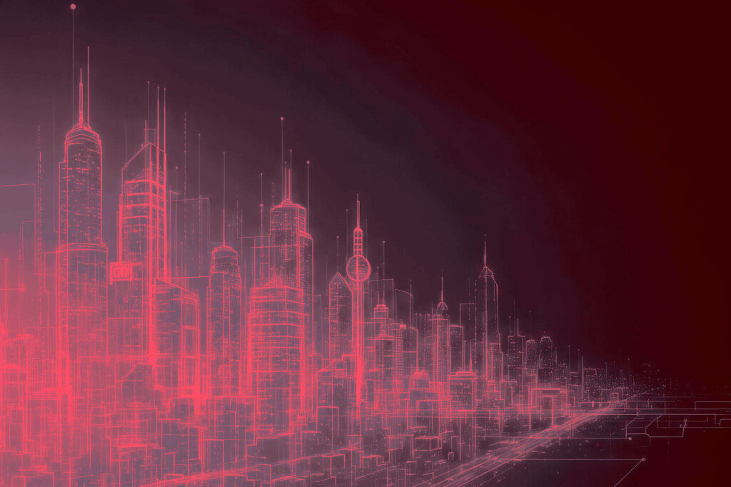 Red circuit-board skyline graphic representing the Wyoming Regional Future City Competition urban planning challenge.